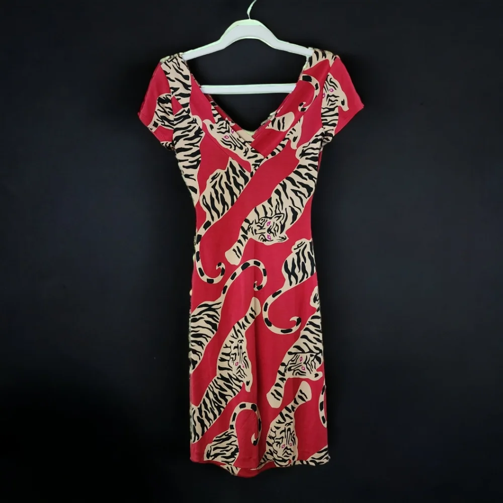 Diane von Furstenburg Red Tiger Estovan Silk Jersey Dress Size 2 - Picture 2 of 8